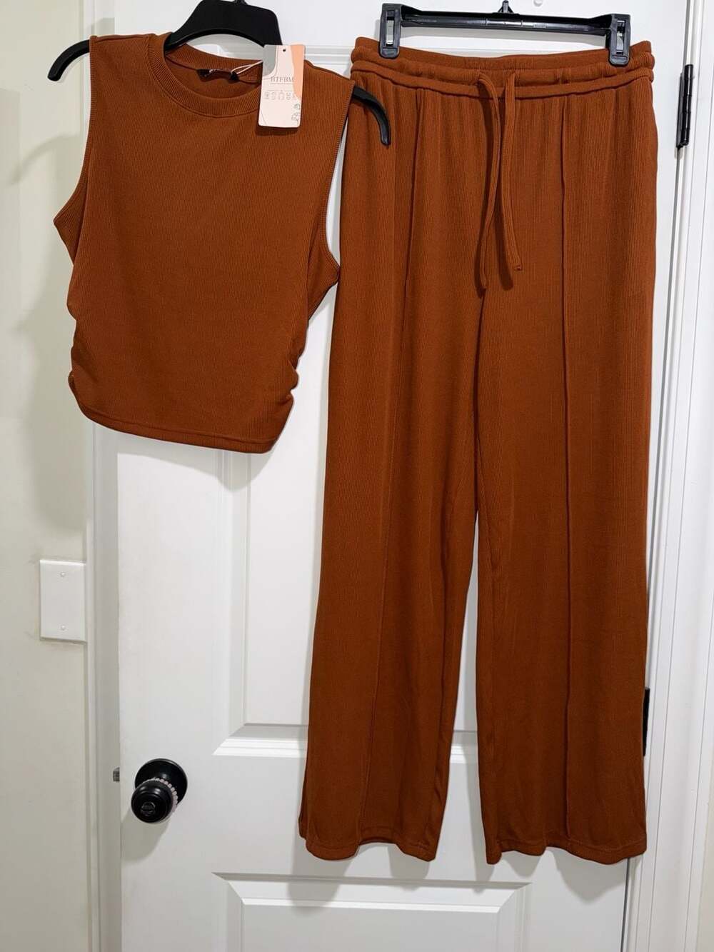 BTFBM Women 2 Piece Ribbed Knit Set Rust Medium